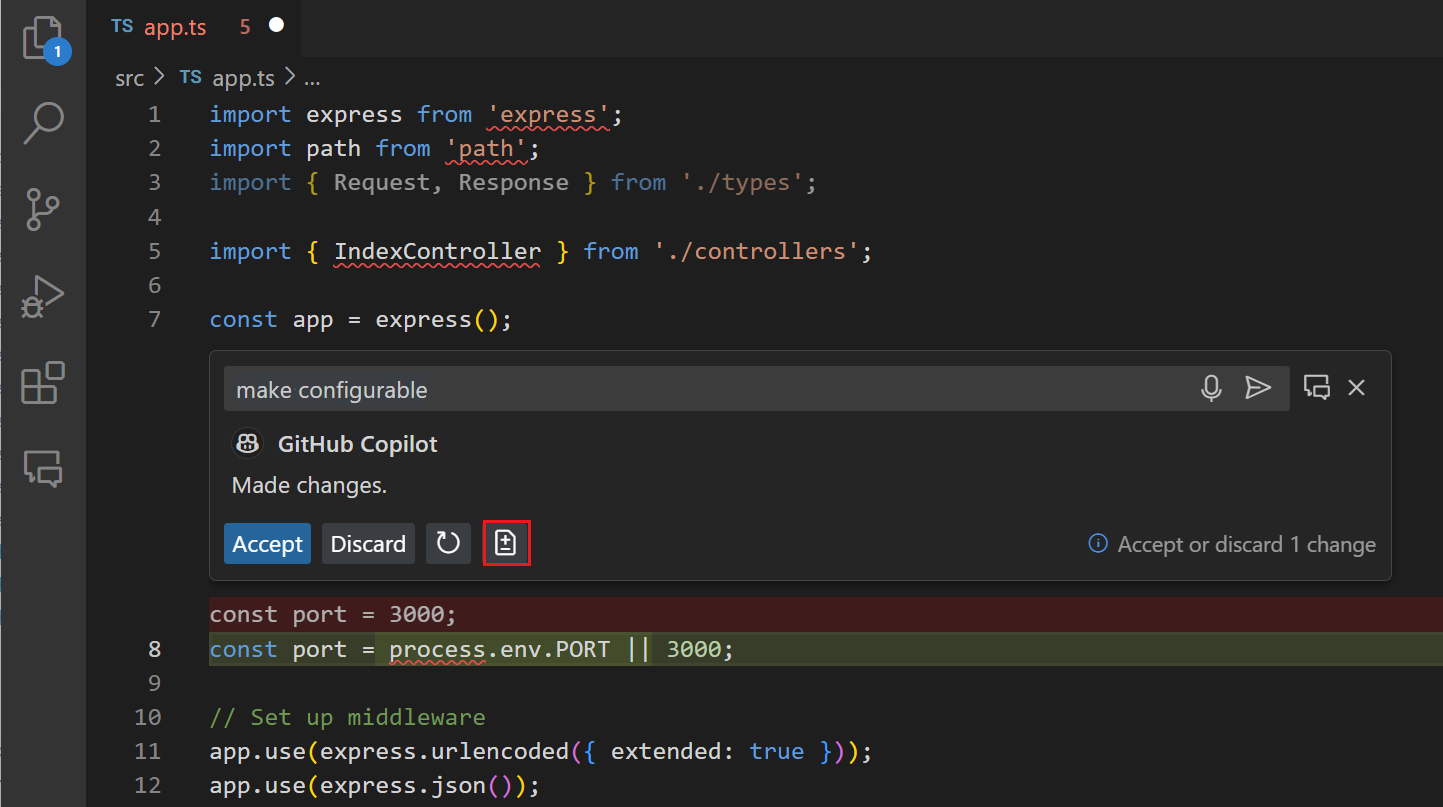 Screenshot of VS Code inline chat, highlighting the 'Show changes' button and diff editor.